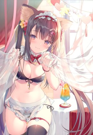 原创,みわべさくら,兽耳,围裙,水着,黑发,黑丝,胸部,猫耳,cleavage,发饰,holding,长发,视线正对,横乳,露脐,笑顔,single,泳装,双马尾