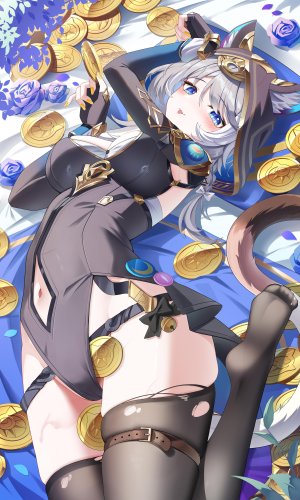 崩坏：星穹铁道,赛飞儿,jndfh,兽耳,黑丝,碧眼,脸红,breasts,猫耳,灰发,holding,长发,长袖,视线正对,横臥,露脐,single,丝袜,超长发