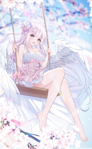 蔚蓝档案,聖園ミカ,senohime,single,长发,長身像,highres,breasts,開口,黄色眼,粉发,cleavage,全身,樱花,少女,连衣裙,翅膀,光晕