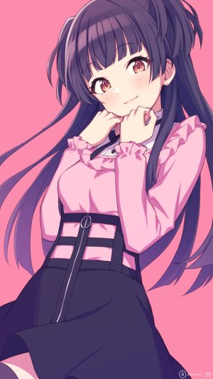 黛冬優子,偶像大师,前发,黑发,黑丝,直刘海,胸部,棕色眼,偶像大师：闪耀色彩,长发,长袖,视线正对,横乳,紫发,衬衫,短裙,笑顔,single