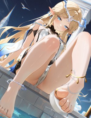 卡提希娅,鸣潮,radoremo,露肩,金发,碧眼,脸红,breasts,全身,视线正对,尖耳,single