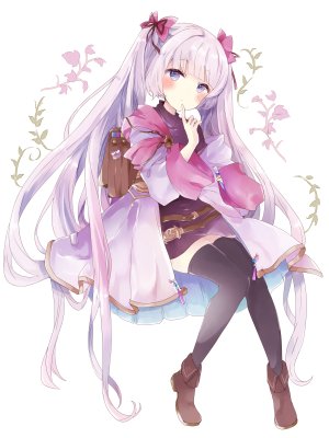 原创,月夜,前发,黑丝,脸红,连衣裙,全身,holding,长发,长袖,视线正对,紫色眼,缎带,银发,坐姿,single,双马尾,白背景