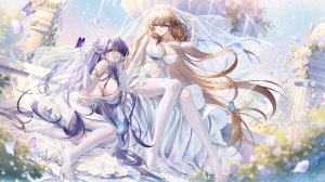 Manjuu,碧蓝航线,HaneRu,兽耳,露肩,金发,breasts,蝴蝶,cleavage,连衣裙,长发,视线正对,横臥,花瓣,紫发,坐姿,天空,丝袜,超长发,婚纱,白丝,黄色眼