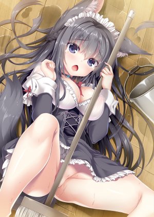 電撃萌王,兽耳,黑发,碧眼,三股辫,露胸,项圈,cleavage,连衣裙,巨乳,长发,长袖,视线正对,横臥,女仆,nopan,開いた口,single