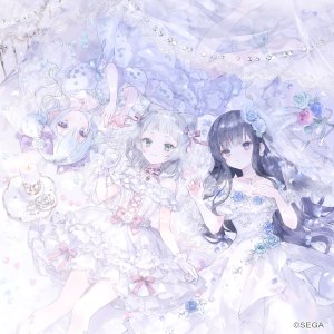 kashiwagi_mia,三角葵,suzushima_arisu,ongeki,SEGA,おにねこ,露肩,黑发,碧眼,脸红,连衣裙,发饰,长发,视线正对,横臥,裤袜,花瓣,rose,双马尾,超长发,婚纱