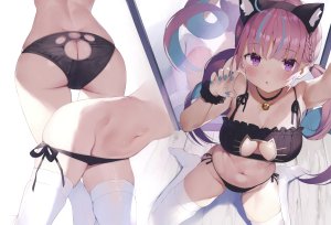 松井宏晃,湊あくあ,Hololive,兽耳,胸部,cleavage,长发,No-Bra,胖次,紫色眼,紫发,黑丝,双马尾,下着,white,cropped,photoshop,scan