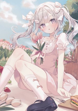 原创,hoshi,脸红,花束,连衣裙,灰发,发饰,holding,长发,视线正对,衬衫,天空,single,双马尾