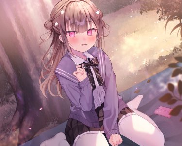 原创,海老原べにこ,直刘海,脸红,茶发,开衫,双团子头,包子頭,发饰,leaf,长发,长袖,開口,裤袜,学校制服,衬衫,短裙,single,针织衫