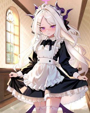 Yuuca,空崎ヒナ,蔚蓝档案,围裙,脸红,恶魔娘,连衣裙,horns,长发,视线正对,女仆,紫色眼,缎带,丝袜,白丝,翅膀