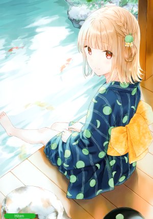 Melonbooks,hiten,single,長身像,脸红,视线正对,短发,前发,金发,笑顔,红色眼,坐姿,和服,传统服装,裸足