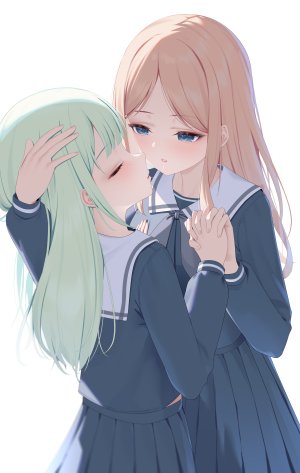 長崎そよ,若葉睦,次世代少女乐队企划,冰冻鱼粽,金发,碧眼,脸红,茶发,绿发,长发,长袖,褶皱裙,学校制服,水手服,衬衫,短裙,白背景,百合