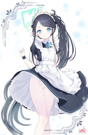 天童アリス,蔚蓝档案,yasuyuki,围裙,黑发,碧眼,脸红,连衣裙,光晕,长发,视线正对,女仆,胖次,缎带,single,下着,超长发,白背景,风