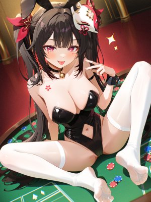 花火,崩坏：星穹铁道,radoremo,兽耳,露肩,铃,黑发,脸红,breasts,茶发,项圈,cleavage,长发,视线正对,仮面,露脐,坐姿,笑顔,single,张腿,tattoo,丝袜,双马尾,超长发,白丝