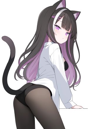 原创,jyt,兽耳,黑发,脸红,bra,breasts,猫耳,猫娘,猫尾,发饰,长袖,视线正对,回头看,胖次,裤袜,紫色眼,紫发,衬衫,single,下着,白背景,白发