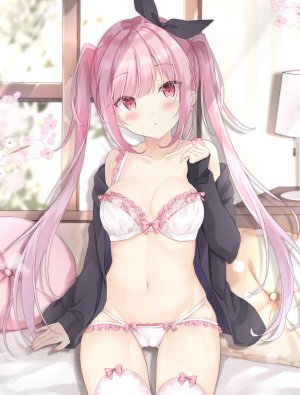 原创,佐伯ソラ,前发,露肩,脸红,bra,露胸,长发,长袖,视线正对,横乳,露脐,胖次,粉发,红色眼,缎带,single,黑丝,双马尾,下着,白丝