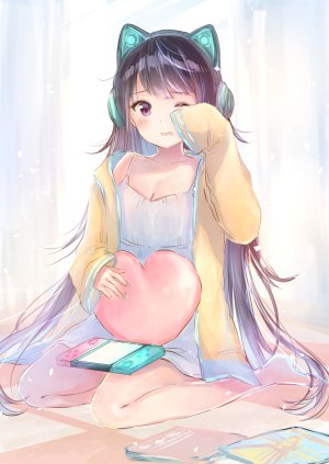 原创,望月うさ,长发,single,長身像,脸红,视线正对,開いた口,胸部,前发,茶发,露肩,坐姿,兽耳,cleavage,呆毛