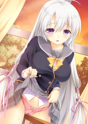 綾地寧々,魔女的夜宴,moyasi06_25,前发,脸红,露胸,衬衫,巨乳,长发,视线正对,開いた口,胖次,紫色眼,缎带,学校制服,水手服,银发,短裙,天空,single,下着