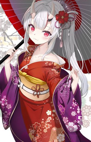 百鬼菖蒲,Hololive,猫乃介,直刘海,ふりそで,灰发,发饰,holding,和服,长发,视线正对,オビ,邪鬼,马尾辫,红色眼,single,雨伞,Vtuber