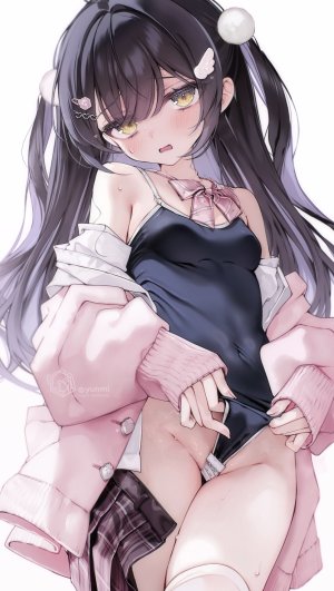 原创,ゆんみ,黑发,脸红,领结,breasts,长发,视线正对,開口,短裙,single,泳装,丝袜,脱衣