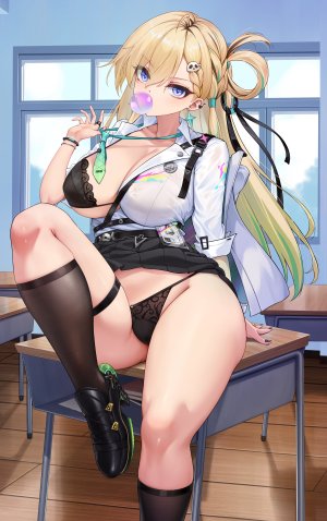 鸣潮,逆流茶会,金发,bra,breasts,发饰,长发,视线正对,胖次,紫色眼,衬衫,坐姿,短裙,掀裙,single,下着