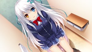 天ノ川沙夜,仰望夜空的星辰,黑丝,碧眼,脸红,游戏CG,长发,视线正对,開いた口,缎带,学校制服,坐姿,短裙,single,白发,黄色眼