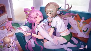 符玄,青雀,崩坏：星穹铁道,翼つばさ,脸红,茶发,绿色眼,holding,长发,裤袜,粉发,湿身,百合