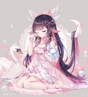 コロンビーナ,原神,孤葬南风,露肩,黑发,全身,长发,仮面,挤眼,粉发,紫色眼,缎带,坐姿,single,超长发