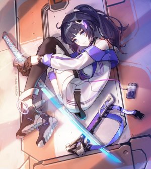 雷电芽衣,honkai,kai1up,前发,碧眼,脸红,胸部,项圈,连衣裙,全身,手套,发饰,holding,巨乳,长发,视线正对,横臥,紫发,笑顔,single,剑,黑丝