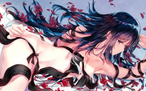 fallen_heaven,consort_yu,Fate系列,fate/grand_order,黑发,脸红,胸部,长发,花瓣,红色眼