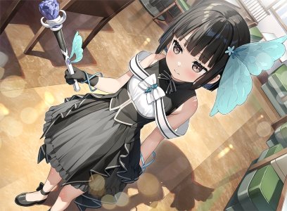 佐佐木与P酱,kantoku,黑发,直刘海,脸红,领结,棕色眼,咖啡,连衣裙,手套,发饰,holding,魔法少女,短发,single