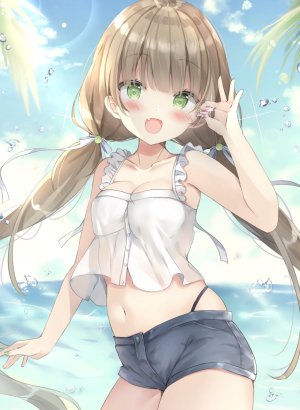 原创,佐伯ソラ,前发,露肩,脸红,胸部,茶发,cleavage,绿色眼,holding,长发,视线正对,横乳,露脐,開いた口,胖次,天空,笑顔,single,双马尾,下着