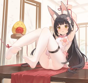 Manjuu,長門,碧蓝航线,兽耳,黑发,脸红,捆绑play,breasts,汉服,连衣裙,狐娘,全身,发饰,萝莉,长发,胖次,裤袜,坐姿,single,下着,黄色眼