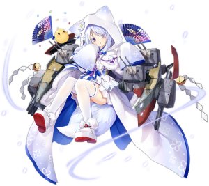 manjuu,uranami,碧蓝航线,兽耳,全身,和服,长袖,视线正对,開いた口,紫色眼,笑顔,single,黑丝,白发,白丝