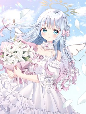 原创,あでりーぬ,天使,露肩,碧眼,青发,脸红,花束,三股辫,breasts,连衣裙,光晕,holding,视线正对,天空,笑顔,single,翅膀