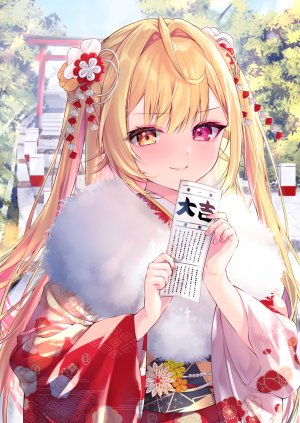 Vtuber,Nijisanji,星川サラ,tojo,single,长发,長身像,视线正对,前发,脸红,笑顔,金发,传统服装,和服,异色瞳,少女,发饰