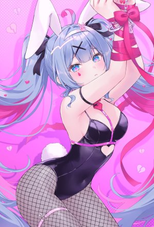 初音ミク,VOCALOID,茶乃ひより,呆毛,兽耳,露肩,碧眼,青发,脸红,breasts,发饰,长发,视线正对,裤袜,缎带,single,双马尾