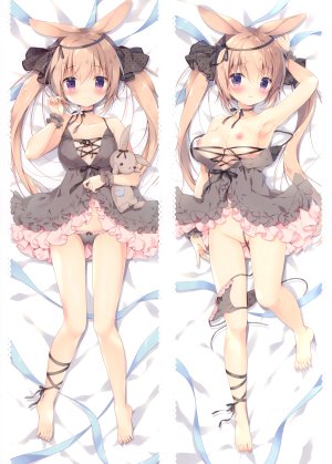 原创,兽耳,前发,露肩,裸足,脸红,露胸,茶发,兔耳,项圈,抱枕,连衣裙,长发,横臥,横乳,宮坂みゆ,nipples,胖次,紫色眼,缎带,笑顔,双马尾,下着