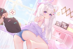 原创,akovo,兽耳,猫耳,猫娘,猫尾,发饰,长发,长袖,视线正对,回头看,胖次,紫色眼,下着,白发