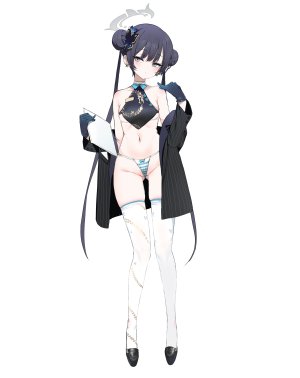 Dishwasher1910,蔚蓝档案,竜華キサキ,露肩,双团子头,手套,包子頭,发饰,胖次,丝袜,结发,双马尾,下着,白丝,黑发,breasts,光晕,长发,露脐,视线正对,holding,single,白背景,全身