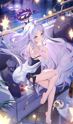 ほうき星,日奈,空崎ヒナ,蔚蓝档案,呆毛,露肩,海滩,脸红,breasts,恶魔娘,光晕,萝莉,长发,视线正对,回头看,nipples,花瓣,紫色眼,rose,死库水,衬衫,single,泳装,超长发,白发,翅膀