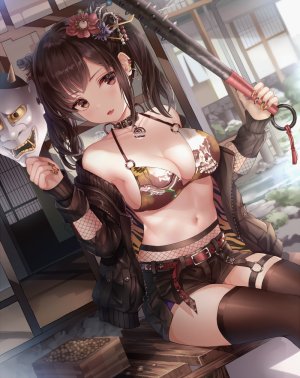 原创,blue_blood_moon,前发,露肩,黑发,黑丝,bra,胸部,棕色眼,茶发,cleavage,holding,视线正对,仮面,横乳,露脐,開いた口,胖次,坐姿,双马尾,下着,weapon