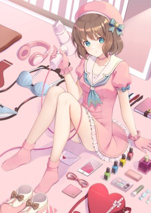 原创,yoshinoryo,前发,碧眼,脸红,bra,胸部,茶发,项圈,连衣裙,全身,手套,holding,胖次,坐姿,貧乳,single,下着