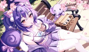 独立虚拟YouTuber,kiyochii,兽耳,露肩,breasts,樱花,项圈,手套,长发,长袖,视线正对,迷你短裙,露脐,马尾辫,紫发,红色眼,衬衫,短裙,single,丝袜,Vtuber,白丝,絶対領域