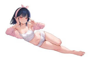 原创,mignon,露肩,黑发,脸红,bra,breasts,cleavage,全身,lingerie,视线正对,横臥,露脐,胖次,红色眼,缎带,短发,single,下着,白背景