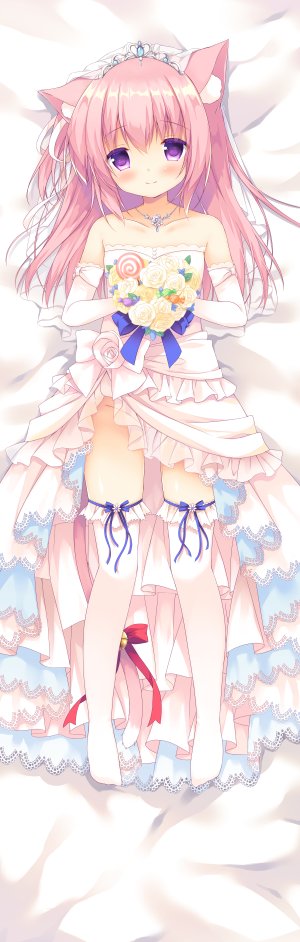 如月,碧蓝航线,purinko,兽耳,露肩,铃,脸红,花束,猫耳,猫尾,抱枕,连衣裙,長手袋,全身,手套,长发,横臥,nopan,粉发,缎带,笑顔,single,黑丝,头饰,婚纱,白丝