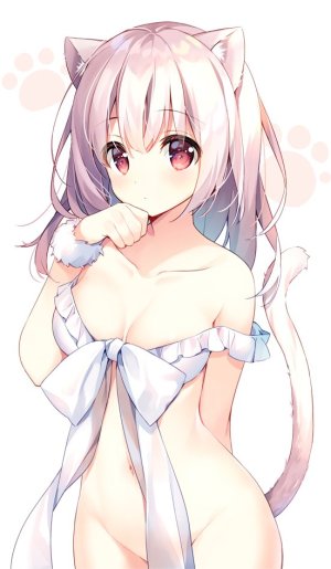 原创,suimya,兽耳,露肩,bra,胸部,猫耳,猫娘,猫尾,cleavage,长发,视线正对,横乳,露脐,红色眼,single,下着,白发