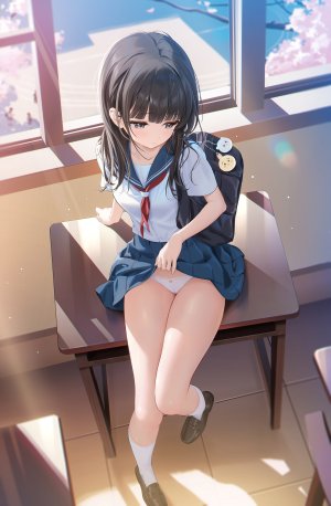 原创,ほうき星,single,长发,長身像,前发,highres,黑发,全身,直刘海,掀裙,少女,短裙,制服,下着,胖次,水手服