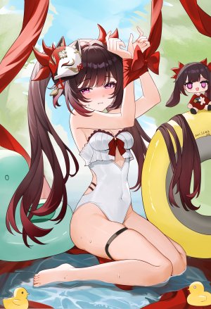 崩坏：星穹铁道,honkai,花火,sparkle,lao_xi,single,长发,長身像,视线正对,脸红,前发,breasts,茶发,坐姿,双马尾,cleavage,全身,直刘海,少女,泳装,仮面