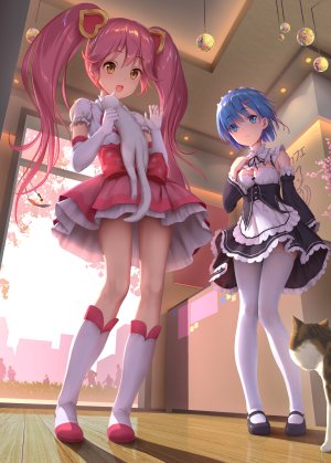 蕾姆,从零开始的异世界生活,tokinohimitsu,动物,围裙,碧眼,青发,胸部,棕色眼,连衣裙,長手袋,手套,发饰,巨乳,长发,长袖,视线正对,開いた口,粉发,阴影,笑顔,黑丝,双马尾,白丝