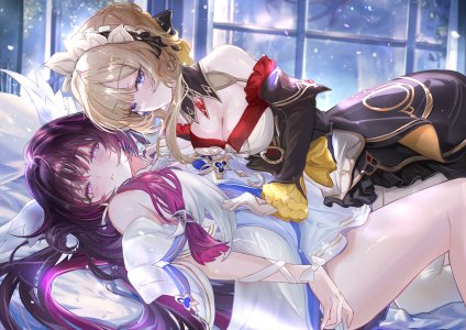 原神,哥伦比娅,sandrone,vardan,长发,视线正对,前发,脸红,breasts,短发,碧眼,黑发,茶发,露肩,直刘海,横臥,百合,上位,少女,手套,翅膀